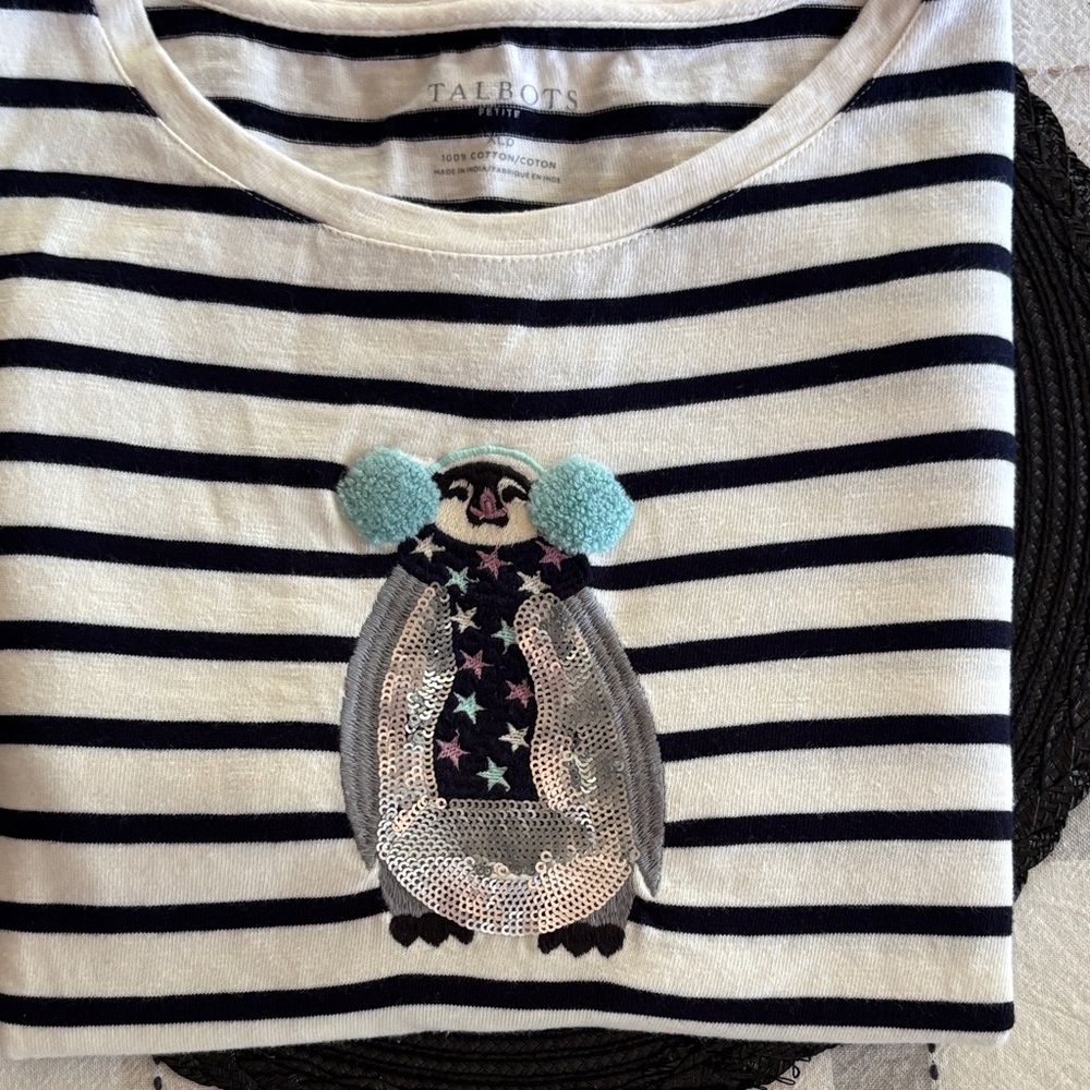 Talbots Women’s Penguin Long Sleeve Tee - Navy and White